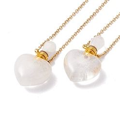 Quartz Crystal Openable Heart Natural Quartz Crystal Perfume Bottle Pendant Necklaces for Women, 304 Stainless Steel Cable Chain Necklaces, Golden, 18.62 inch(47.3cm)