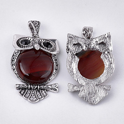 Carnelian Natural Carnelian Big Pendants, with Rhinestone and Alloy Findings, Dyed, Owl, Antique Silver, 50x32x9.5~10mm, Hole: 4.5x9mm