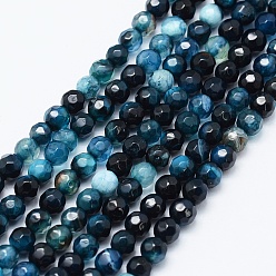 Prussian Blue Natural Agate Beads Strands, Dyed & Heated, Round, Faceted, Prussian Blue, 4mm, Hole: 0.5mm, about 92pcs/strand, 14.57 inch(37cm)