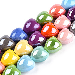 Color mezclado Hilos de perlas de porcelana hechas a mano, porcelánico esmaltado brillante, corazón, color mezclado, 13x12x9 mm, agujero: 1.5 mm, sobre 25 unidades / cadena, 12.13 pulgada (30.8 cm)