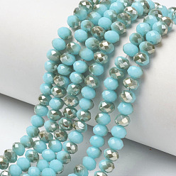 Turquoise Foncé Galvanoplastie opaques couleur unie perles de verre brins, demi-plaqué, arc-en-ciel plaqué, facette, rondelle, turquoise foncé, 4x3mm, Trou: 0.4mm, Environ 123~127 pcs/chapelet, 16.5~16.9 pouce (42~43 cm)