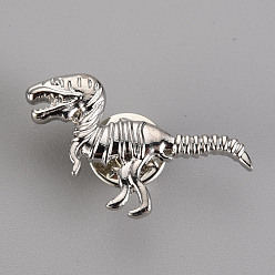 Platinum Alloy Brooches, with Brass Butterfly Clutches, Dinosaur, Cadmium Free & Nickel Free & Lead Free, Platinum, 16.5x34mm, Pin: 1mm