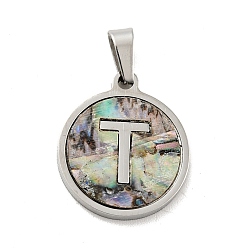 Letter T 304 Stainless Steel with Paua Shell Pendants, Stainless Steel Color, Flat Round with Letter Charm, Letter.T, 18x16x1.5mm, Hole: 3x6mm
