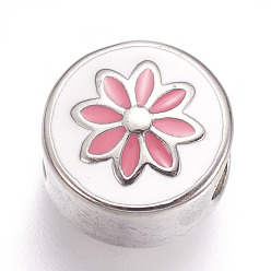 Stainless Steel Color 304 Stainless Steel European Beads, with Enamel, Large Hole Beads, Flat Round with Flower, Pink, Stainless Steel Color, 11x8.5mm, Hole: 5mm