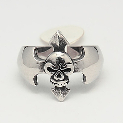 Antique Silver Unique Retro Men's Halloween Jewelry 304 Stainless Steel Skull Rings, Antique Silver, 17~23mm