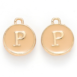 Letter P Golden Plated Alloy Enamel Charms, Cadmium Free & Lead Free, Enamelled Sequins, Flat Round with Letter, Wheat, Letter.P, 14x12x2mm, Hole: 1.5mm