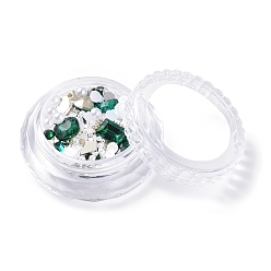 Verde Oscuro Kits de accesorios de decoración de uñas, incluyendo cabujones de diamantes de imitación de vidrio, fornituras de hierro, cabujones acrílicos, verde oscuro, 2~14.5x2~12x3.5~5 mm, cuadro: 44x16 mm