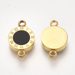 Black Ion Plating(IP) 304 Stainless Steel Links connectors, with Acrylic, Flat Round with Roman Numerals, Golden, Black, 13x8x2mm, Hole: 1.4mm