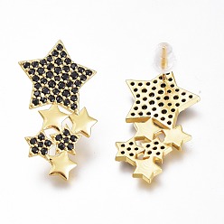 Golden Brass Micro Pave Black Cubic Zirconia Star Stud Earrings, with Plastic Ear Nuts, Long-Lasting Plated, Golden, 30x16.5mm, Pin: 0.8mm