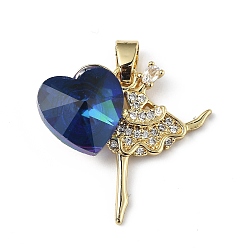 Dark Blue Real 18K Gold Plated Rack Plating Brass Micro Pave Clear Cubic Zirconia Pendants, with Glass, Long-Lasting Plated, Cadmium Free & Lead Free, Dancer with Heart Charm, Dark Blue, 23x24.5x8.2mm, Hole: 5x3.2mm