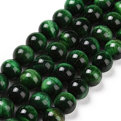 Green Natural Green Tiger Eye Beads Strands, Dyed & Heated, Round, Green, 10mm