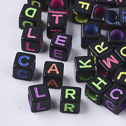 Mixed Color Opaque Acrylic Beads, Horizontal Hole, Cube with Random Initial Letter, Mixed Color, 6x6x6mm, Hole: 3.5mm, about 3380pcs/500g