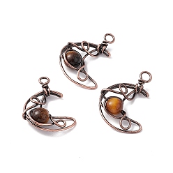 Tiger Eye Natural Tiger Eye Pendants, Moon Charms, with Rack Plating Red Copper Tone Brass Findings, Cadmium Free & Lead Free, 31.5~33x22x8.5mm, Hole: 2.5~3mm
