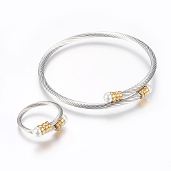 Golden & Stainless Steel Color 304 Stainless Steel Jewelry Sets, Adjustable Bangles and Rings, with Acrylic Beads, Golden & Stainless Steel Color, 55mm, 18mm