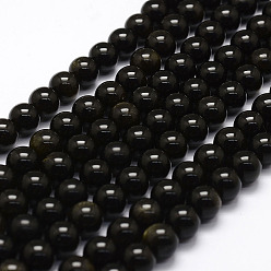 Golden Sheen Obsidian Natural Golden Sheen Obsidian Beads Strands, Round, 8mm, Hole: 1mm, about 49pcs/strand, 15.2 inch