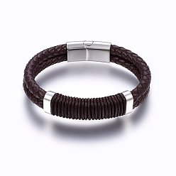 Coconut Brown Leather Braided Cord Bracelets, 304 Stainless Steel Magnetic Clasp, Rectangle, Coconut Brown, 8-5/8 inch(22cm), 12~15x6~10mm