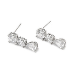 Platinum Rack Plating Brass Teardrop Stud Earrings with Crystal Rhinestone for Women, Long-Lasting Plated, Lead Free & Cadmium Free, Platinum, 20x6mm