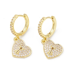 Real 18K Gold Plated Heart Lock Rack Plating Brass Cubic Zirconia Hoop Earrings, Long-Lasting Plated Dangle Earrings for Women, Lead Free & Cadmium Free, Real 18K Gold Plated, 27.5mm, Pin: 0.8mm