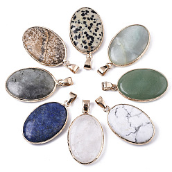 Mixed Stone Natural Mixed Gemstone Pendants, with Light Gold Plated Brass Edge and Snap on Bail, Oval, 35~36x21.5x6.5mm, Hole: 6x12mm