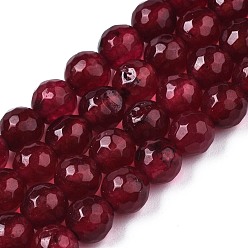 Rouge Foncé Blanc brins de perles de jade naturels, teint, facette, ronde, rouge foncé, 6~6.5mm, Trou: 1mm, Environ 60 pcs/chapelet, 14.06 pouces ~ 14.57 pouces (35.7~37 cm)