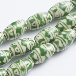 Autres Perles de porcelaine imprimés faits à la main, ovale, motif géométrique, 14~16x8~9mm, Trou: 1.5~2mm, Environ 23 pcs/chapelet, 13.5 pouce (34 cm)