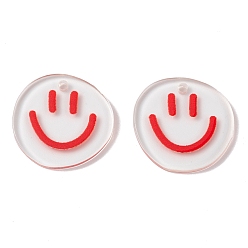 Red Transparent Printed Acrylic Pendants, Flat Round with Smiling Face Charm, Red, 20.5~21x20~21x2mm, Hole: 1.6mm