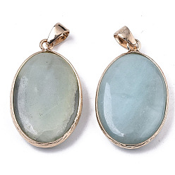 Amazonite Natural Amazonite Pendants, with Light Gold Plated Brass Edge and Snap on Bail, Oval, 35~36x21.5x6.5mm, Hole: 6x6mm