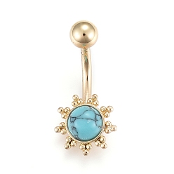Golden Piercing Jewelry, Brass Navel Ring, Belly Rings, with Synthetic Turquoise & Stainless Steel Bar, Golden, 24x11mm, Bar: 15 Gauge(1.5mm), Bar Length: 3/8"(10mm)