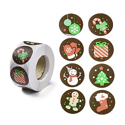Coffee 8 Patterns Christmas Round Dot Self Adhesive Paper Stickers Roll, Christmas Decals for Party, Decorative Presents, Coffee, 25mm, 500pcs/roll