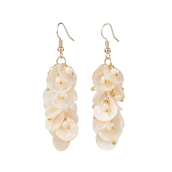 Seashell Color Natural Capiz Shell Cluster Earrings, with Natural Pearl Beads and Brass Earring Hooks, Flat Round, Golden, Seashell Color, 66x16mm, Pin: 0.7mm