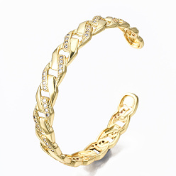 Clear Brass Micro Pave Cubic Zirconia Curb Chain Cuff Bangles, Nickel Free, Real 16K Gold Plated, Clear, Inner Diameter: 2-1/8x2 inch(5.5x5.2cm), 8.5mm
