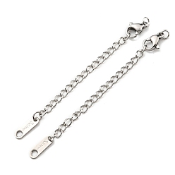 Stainless Steel Color 304 Stainless Steel Curb Chain Extender, End Chains with Lobster Claw Clasps and Oval Chain Tabs, Stainless Steel Color, 73mm
