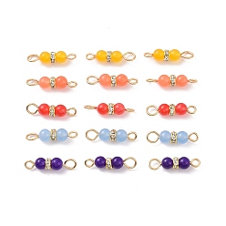 Mixed Color Natural Dyed Malaysia Jade Connector Charms, with Brass Grade A Rhinestone Spacer Beads and 304 Stainless Steel Eye Pins, Column Links, Mixed Color, 18.5x4.6mm, Hole: 2 and 2.7mm