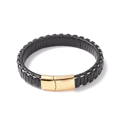 Black Leather Cord Bracelets, with 304 Stainless Steel Magnetic Clasps, Black, 8-7/8 inch(22.5cm), 11.5mm