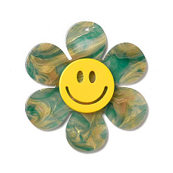 Зеленый Двухцветные акриловые большие подвески, цветок с улыбающимся лицом, зелёные, 55x50x4.5 мм, отверстие : 1.8 мм