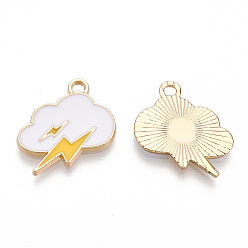White Alloy Pendants, with Enamel, Cadmium Free & Lead Free, Light Gold, Cloud with Lightning, White, 15x17x1.5mm, Hole: 2mm