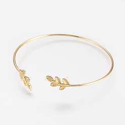 Real 18K Gold Plated Brass Cuff Bangle, Real 18K Gold Plated, Leaf, Golden, 2-1/4 inchx2-1/2 inch(58x63mm)