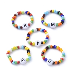 Mixed Color Glass Seed Beads Stretch Finger Rings, with Letter Acrylic Beads, Mixed Color, Size 10, Inner Diameter: 20mm