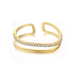 Настоящее золото 18K 925 Двухслойное открытое кольцо-манжета из стерлингового серебра с фианитами., с печатью s925, золотые, 4.8 мм, размер США 7 (17.3 мм)