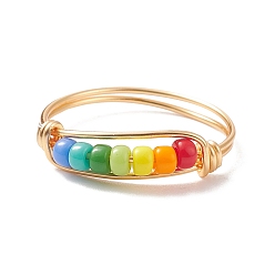 Colorido Anillo de dedo con cuentas trenzadas de semilla de vidrio de color arcoíris, joyas envueltas en alambre de cobre para mujer, colorido, tamaño de EE. UU. 8 1/4 (18.3 mm)