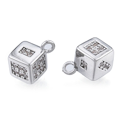 Real Platinum Plated Brass Micro Pave Clear Cubic Zirconia Charms, Cadmium Free & Nickel Free & Lead Free, Dice, Real Platinum Plated, 10x8x8mm, Hole: 1.2mm