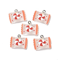 Coral Christmas Theme Transparent Resin Pendants, with Platinum Tone Iron Loops, Candy Bag Charm with Lollipop Pattern, Coral, 17x20.5x5mm, Hole: 2mm