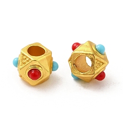 Matte Gold Color Alloy Beads, with Colorful Resin Cabochon, Lead Free & Cadmium Free, Polygon, Matte Gold Color, 6.5x8.5x8.5mm, Hole: 3mm
