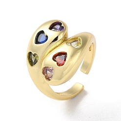Real 16K Gold Plated Rack Plating Brass with Colorful Cubic Zirconia Open Cuff Rings, Teardrop with Heart, Real 16K Gold Plated, US Size 5 3/4(16.3mm)