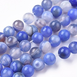 Bleu Agate à rayures naturelles / brins de perles d'agate, teints et chauffée, ronde, bleu, 8mm, Trou: 1.4mm, Environ 50 pcs/chapelet, 15.75 pouce (40 cm)