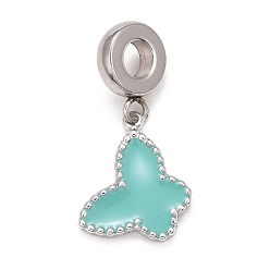 Turquoise 304 Stainless Steel European Dangle Charms, Large Hole Pendants, with Enamel, Stainless Steel Color, Butterfly, Turquoise, 26mm, Hole: 4.5mm, Butterfly: 15.5x13x2mm