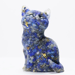 Lapislázuli Decoraciones de exhibición artesanales de resina y chip de lapislázuli natural, estatuilla con forma de gato, para el hogar adorno de feng shui, 75x50x36 mm