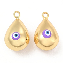 Dark Orchid Brass Pendants, with Enamel, Real 18K Gold Plated, Long-Lasting Plated, Teardorp with Evil Eye Charm, Dark Orchid, 26x15.5x15mm, Hole: 2.6mm