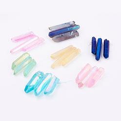 Mixed Color Electroplated Natural Quartz Crystal Graduated Beads Strands, Nuggets, Mixed Color, 21~43x5~13mm, Hole: 1mm, 3pcs/set