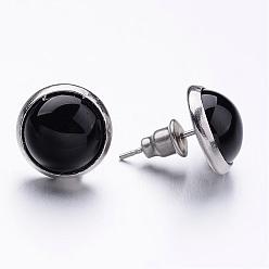Natural Agate 304 Stainless Steel Stud Earrings, with Natural Agate Cabochon, 16mm, Pin: 0.7mm